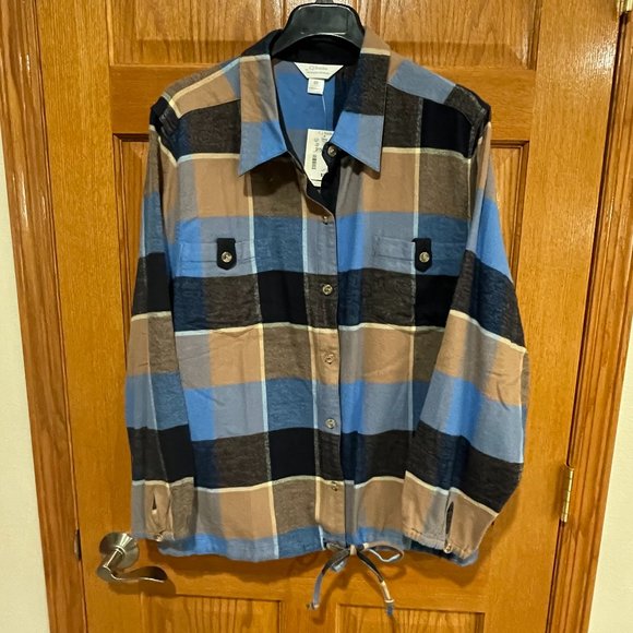 CJ BANKS Women's 2XL Button Front Flannel Plaid Long Sleeve Shirt Blue Brown NWT - Picture 1 of 3